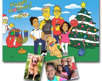 Personalized Christmas Card // Happy Holidays - Simpsons Family Portrait Drawing With Pets // Greeting Cards