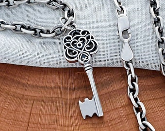 Sterling silver key pendant. Handmade key charm pendant. Silver key necklace.