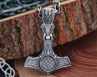 Thor Hammer Pendant, Helm of Awe Mjolnir Pendant, Skull Mjolnir Necklace, Sterling Silver Viking Pendant, Viking Jewelry