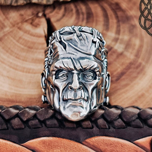 Anillo de Frankenstein, el anillo del monstruo, Victor Frankenstein, anillo de plata esterlina, anillo de terror, joyería de motorista, joyería gótica