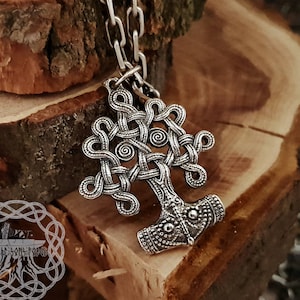 Sterling Silver Yggdrasil Mjolnir Pendant: Viking Thor Hammer Necklace