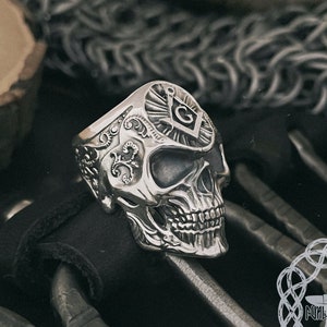 Sterling Silver Masonic Skull Ring: Freemason Biker Jewelry