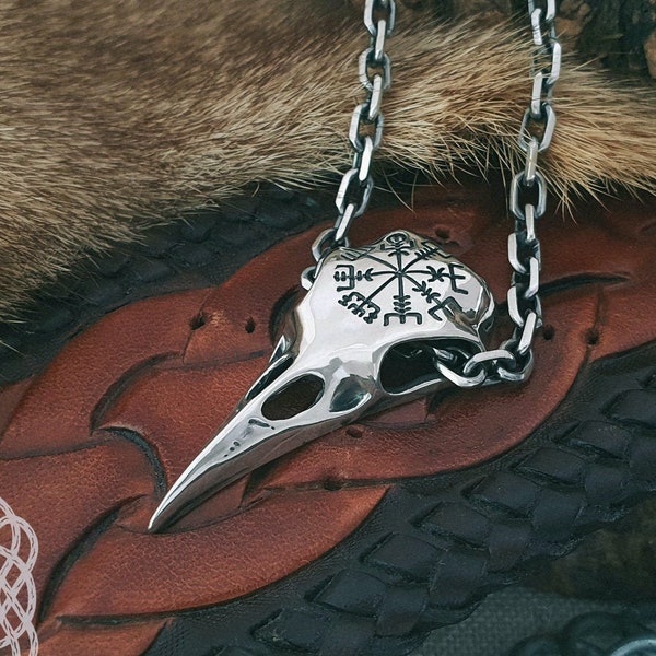 Raven Skull Pendant, Sterling Silver Viking Necklace, Viking Raven Pendant, Vegvisir Raven Skull, Viking Compass, Viking Jewelry