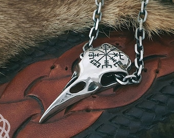 Sterling Silver Viking Raven Skull Pendant with Vegvisir: Norse Jewelry Necklace