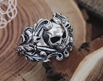 Skull Ring, Floral Skull Ring, Great Details Sterling Silver Ring, Mens skull ring, Biker Ring, Skull Jewelry