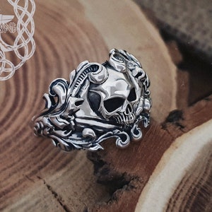 Floral Skull Sterling Silver Ring: Handmade Biker Jewelry