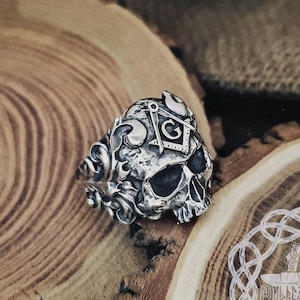 Masonic Skull Sterling Silver Ring - Freemason Biker Jewelry