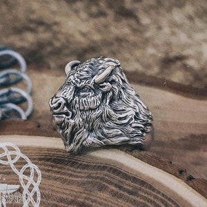 Bison Ring, Sterling Silver Ring, Bison Head Ring, Animal Jewelry, Animal Ring