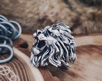 Lion Ring, Sterling Silver Lion Ring, Lion Head Ring, Animal Jewelry, Animal Ring, Biker Ring