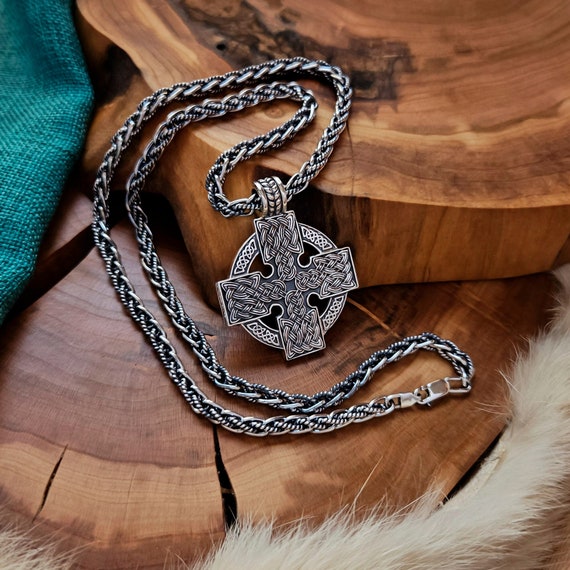 Bronze or Silver Celtic Cross Pendant: Two-Sided Knotwork Necklace