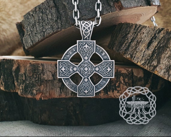 Bronze or Silver Rune Celtic Cross Pendant: Ornate Knotwork Necklace