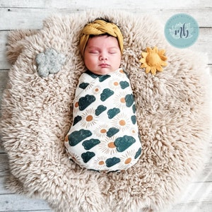 Stormy Day Swaddle Blanket with Coordinating Knotted Beanie Hat | Sun and Clouds Blanket | Baby Swaddle Blanket Set