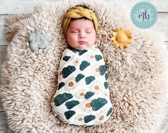 Stormy Day Swaddle Blanket with Coordinating Knotted Beanie Hat | Sun and Clouds Blanket | Baby Swaddle Blanket Set