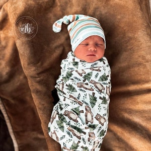 Forest Bears Boy Swaddle Blanket with Coordinating Knotted Beanie Hat | Forest Animals Blanket | Baby Swaddle Blanket Set