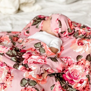 Pale Roses Floral Baby Swaddle Set | Newborn Photo Prop | Newborn Swaddle Set with Hat | Rainbow Baby | Baby Shower Gift