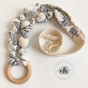 Black + Cream Leaves Cotton Fabric Bead Necklace | Great for Breastfeeding and Nursing | Organic Wood | Natural | Crunchy | Fabric Neckwear