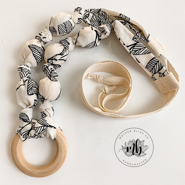 Black + Cream Leaves Cotton Fabric Bead Necklace | Great for Breastfeeding and Nursing | Organic Wood | Natural | Crunchy | Fabric Neckwear
