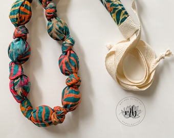 Tike Ferns Beaujolais Tie Die Fabric and Wood Necklace | Breastfeeding Necklace | Organic Wood | Fabric Neckwear | Nursing Necklace