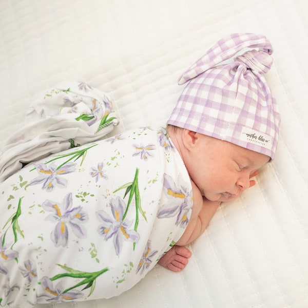 Charleston Iris (Original Art by Shop Owner) Organic Swaddle Blanket + Knotted Beanie Hat Or Bow | Watercolor Floral Blanket | Baby Blanket