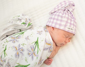 Charleston Iris (Original Art by Shop Owner) Organic Swaddle Blanket + Knotted Beanie Hat Or Bow | Watercolor Floral Blanket | Baby Blanket