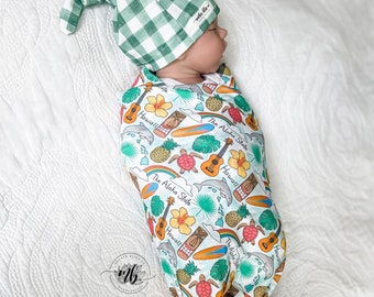 States Collection - HAWAII Aloha Swaddle Blanket with Coordinating Knotted  Hat | Soft Blanket Set | Newborn Baby Swaddle Blanket