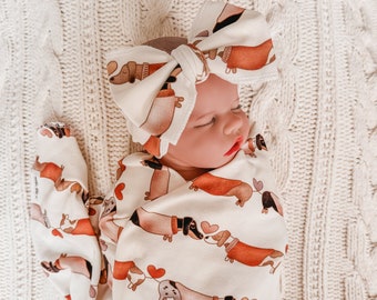 Dachshund Valentine Hearts Swaddle Lightweight Blanket Set + Knotted Beanie Hat or Bow Headband | Newborn Cozy Swaddle