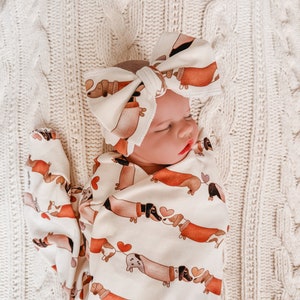 Dachshund Valentine Hearts Swaddle Lightweight Blanket Set + Knotted Beanie Hat or Bow Headband | Newborn Cozy Swaddle