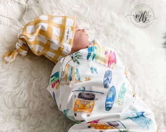 Surf Is Up Watercolor Swaddle Blanket + Knotted Beanie Hat | Gender Neutral Gift Blanket | Baby Blanket Set | Newborn Outfit