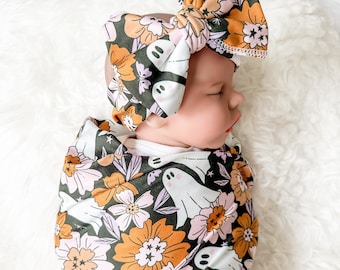 Floral Ghost Halloween Swaddle Blanket + Knotted Beanie Hat + Oversized Bow | Cute Halloween Ghost Blanket | Fall Baby Blanket Set