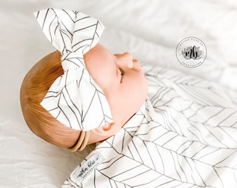 Boho Herringbone Gray White Baby Cocoon Set with Headband | Newborn Photo Prop | Newborn Set with Headband | Baby Shower Gift