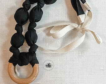 Black Solid Minimalist and Boho Fabric Necklace | Organic Wood | Fabric Neckwear | Nursing Breastfeeding Necklace