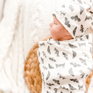 Organic Bat Watercolor Cute Swaddle Blanket + Knotted Beanie Hat | Watercolor Halloween Bats Blanket | Organic Baby Blanket Set