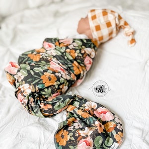 Charlotte Dark Boho Floral Baby Swaddle Set | Newborn Photo Prop | Botanical Newborn Swaddle Set with Hat | Rainbow Baby | Baby Shower Gift