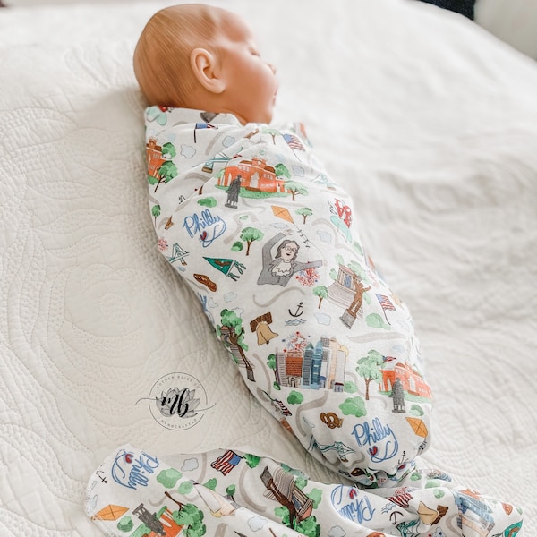 States Collection - PHILADELPHIA Philly Swaddle Blanket with Coordinating Knotted  Hat | Soft Blanket Set | Newborn Baby Swaddle Blanket