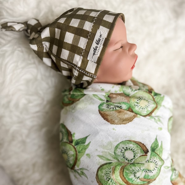 Watercolor Kiwi Party Swaddle Blanket Set + Knotted Beanie Hat or Bow | Lightweight Swaddle Blanket | Matching Baby Blanket Set