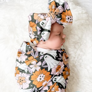Floral Ghost Halloween Swaddle Blanket + Knotted Beanie Hat + Oversized Bow | Cute Halloween Ghost Blanket | Fall Baby Blanket Set