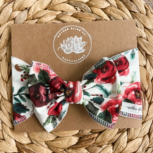 Scarlett Rose Christmas Watercolor Organic Headwrap Oversized Bow Headband | First Christmas Bow | Baby Girl Headband