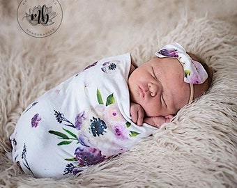 Girl Swaddle Set Swaddle Newborn Outfit Set Hat Headband Bow Take Home Outfit Blackberry Purple Swaddle Blanket Footed Pants