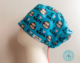I Love Naps in Teal Cute Sloth Scrub Hat - Surgery Skull Cap | 100% Organic Cotton | Adjustable Elastic with Toggle