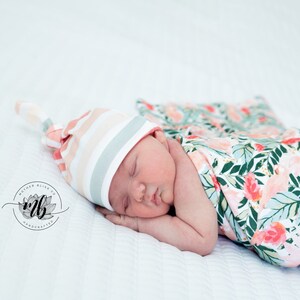 Floral Tropic Parrot Swaddle Blanket with Coordinating Knotted Beanie Hat | Watercolor Floral Blanket | Baby Swaddle Blanket Set