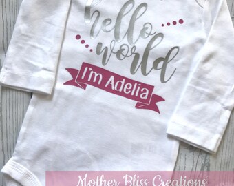 Handmade, Personalized "Hello World" One Piece Bodysuit Baby Shower Gift | New Mom