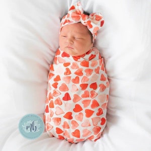 Watercolor Hearts Swaddle with Coordinating Bow Headband or Beanie Hat  | Baby Swaddle Set | Newborn Photo Outfit | Valentines Baby