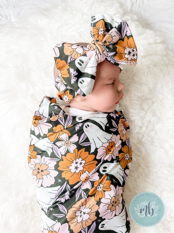 Floral Ghost Halloween Swaddle Blanket Knotted Beanie Hat Oversized Bow Cute Halloween Ghost Blanket Fall Baby Blanket Set Etsy Canada