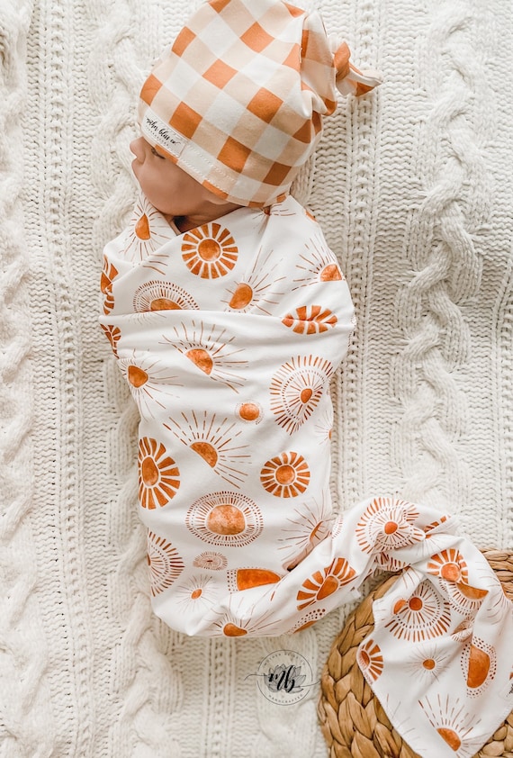 Hip and Boho Golden Sun Watercolor Swaddle Blanket + Knotted Gingham or Matching Beanie Hat | Watercolor Blanket | Baby Blanket Set