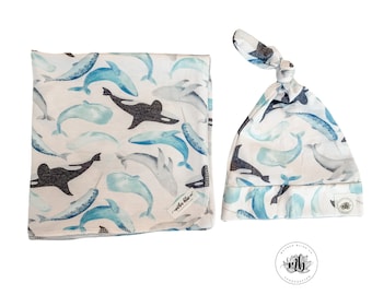 Whale Baby Boy Soft Baby Swaddle + Hat | Newborn Photo Prop | Newborn Swaddle Set with Hat | Ready to Ship | Baby Shower Gift | Boy Swaddle