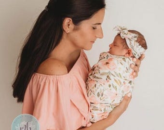 Sweet Pea Garden Watercolor Swaddle Blanket + Knotted Beanie Hat + Oversized Bow | Cute Floral Blanket | Fall Baby Blanket Set