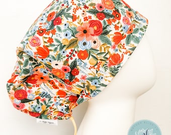 Rifle Paper Co Petite Garden Cream Scrub Hat - One Layer, Pixie - Surgery Skull Cap | 100% Cotton | Adjustable Elastic