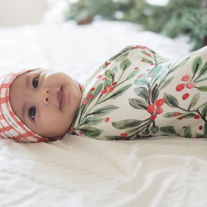 Mistletoe and Red Berries Watercolor Christmas  Baby Swaddle Set - US Milled Organic Cotton + Spandex Fabric