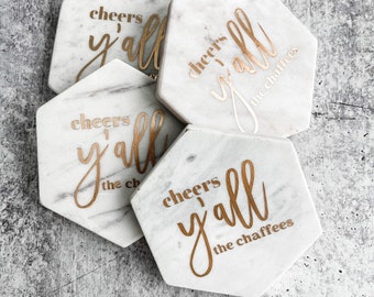 Custom Cheers Hey Y'all Family Name White Marble Hexagon Coasters - White Real Marble Coasters