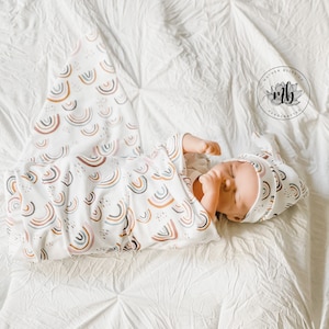 Scandinavian Rainbows Baby Swaddle Set | Newborn Photo Prop | Botanical Newborn Swaddle Set with Hat | Rainbow Baby | Baby Shower Gift
